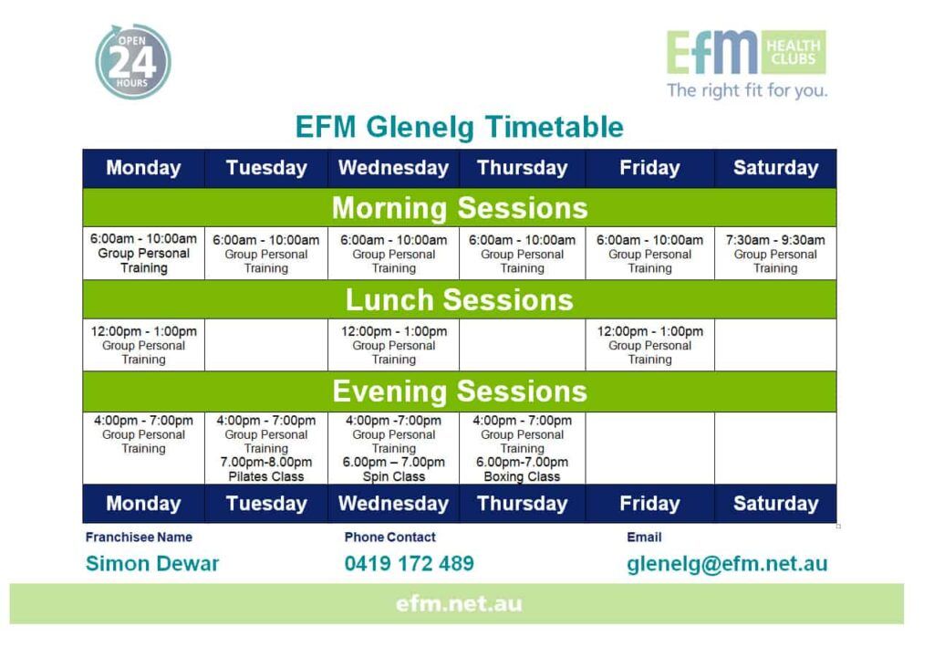 The Gym Glenelg Timetable