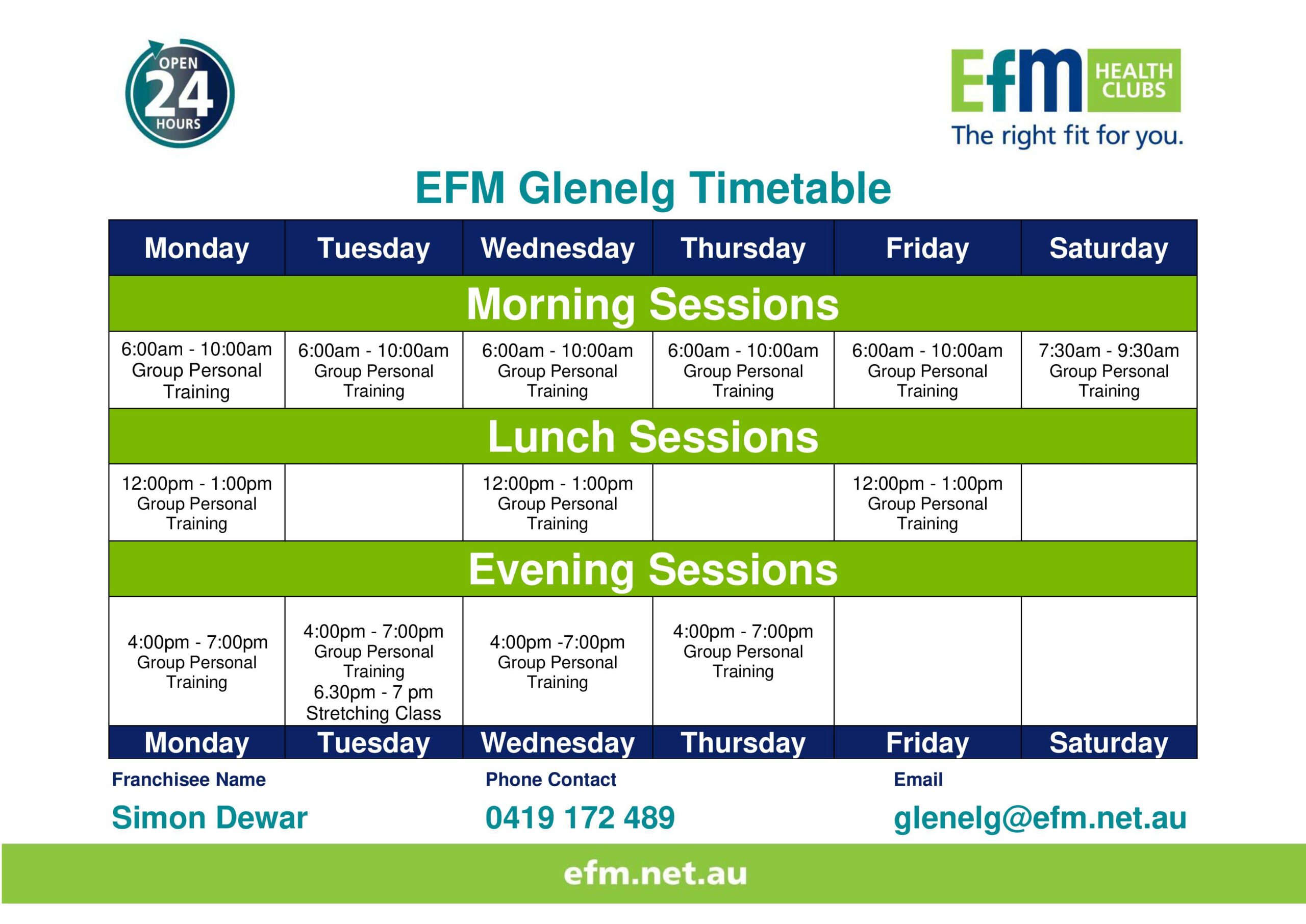 The Gym Glenelg Timetable